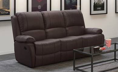 Three Seater Manual Recliner In Dark Chocolate Leatherette.