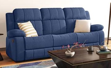 Three Seater Manual Recliner In Blue Fabric Colour.